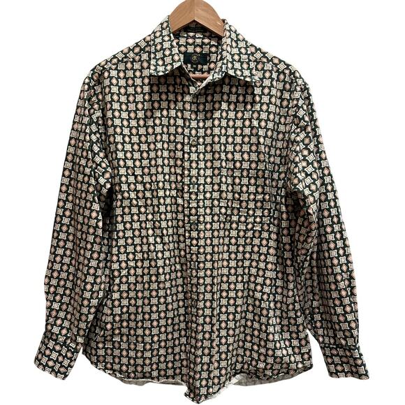 Club room button down geometric print 100% cotton men’s shirt green tan size M - Picture 1 of 6